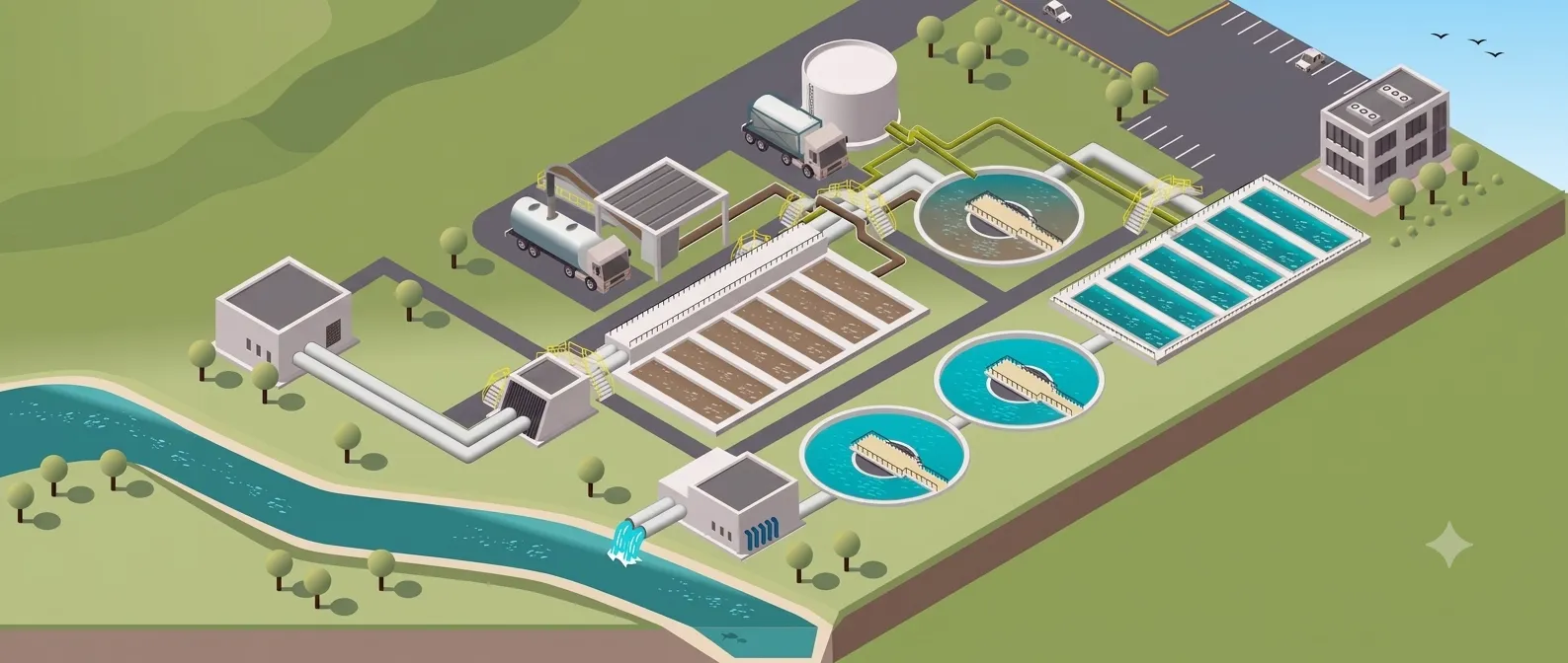 Izometryczna ilustracja oczyszczalni ścieków — osadniki, komory i instalacje